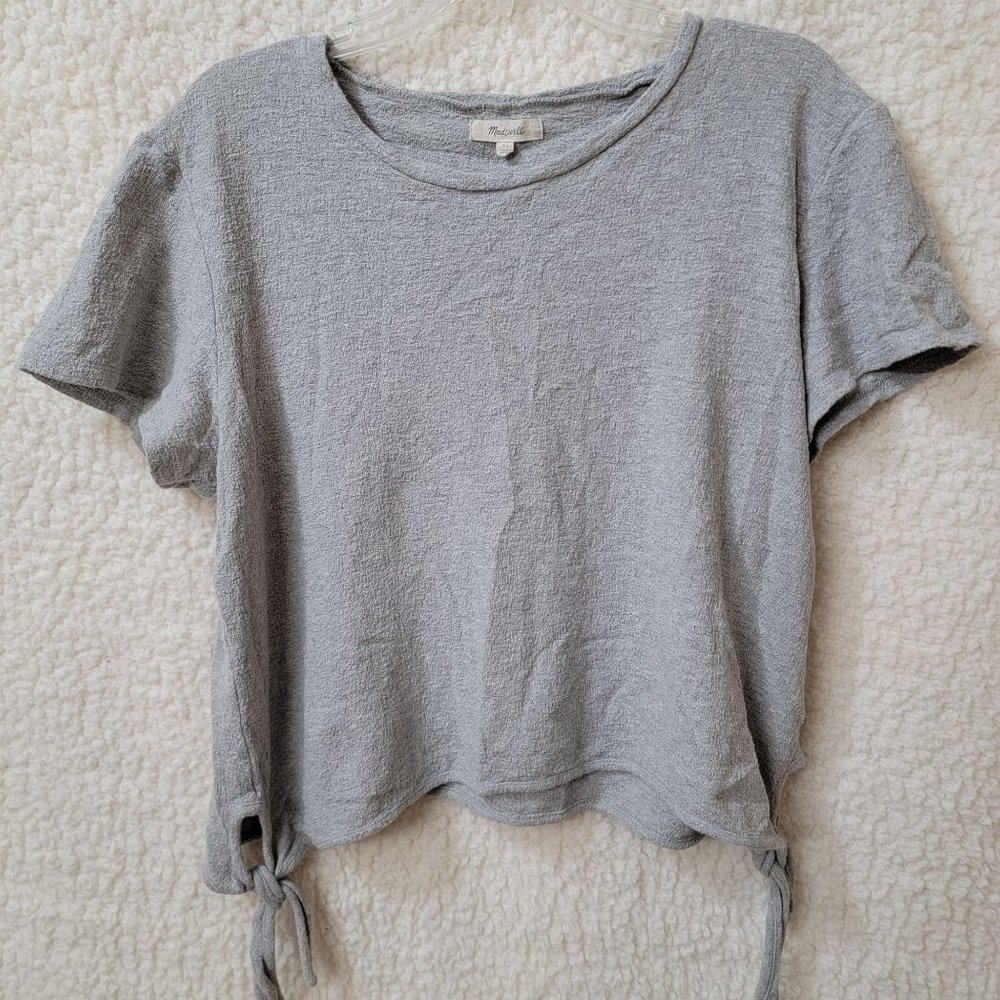 Madewell Shirt Womens XL Gray Short Sleeve Super Stretch Ties Waist Round Neck